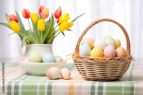 basket with pastel eggs and yellow tulips on white tablecloth