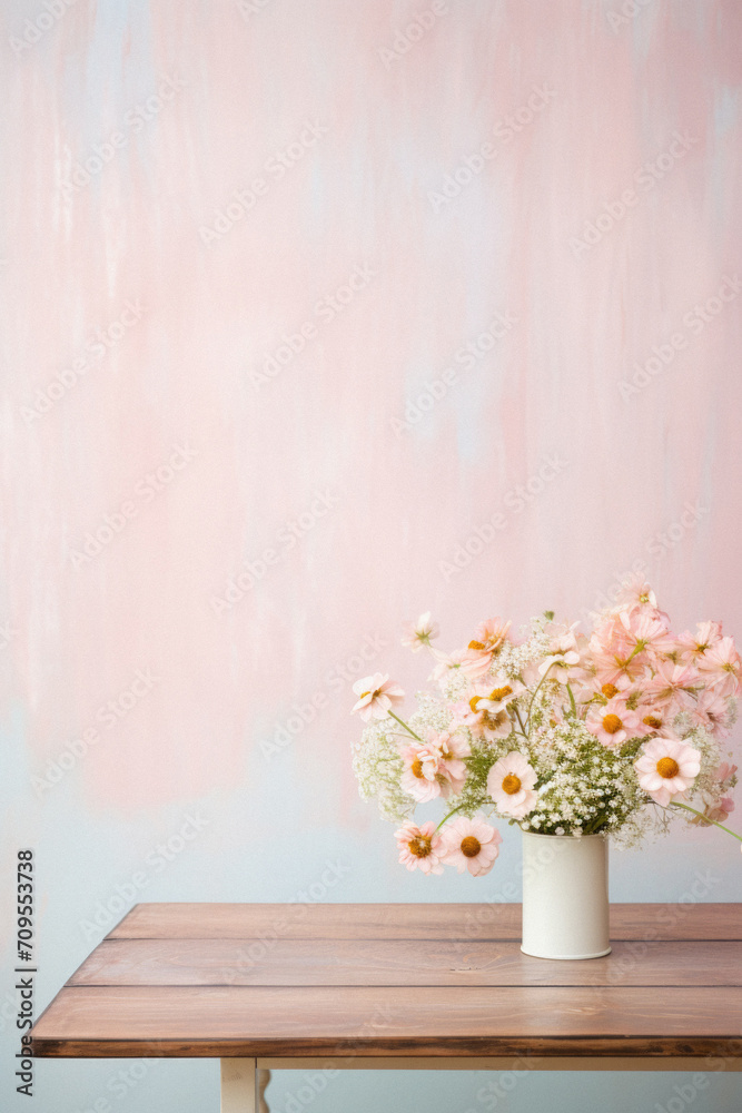 Bouquet of flowers in vase on table against color wall.