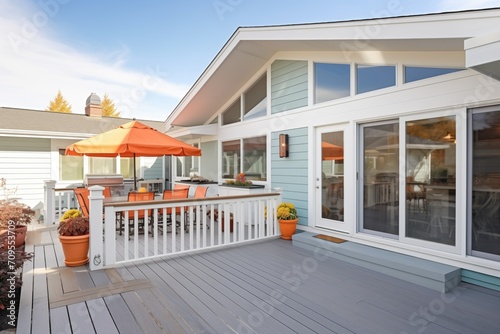 rear angle showcasing expanded deck and sunroom addition photo