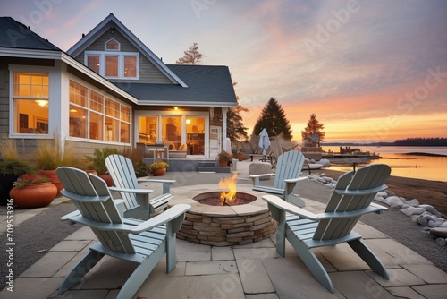 lakeshore cottage at sunset with a lit fire pit and chairs photo