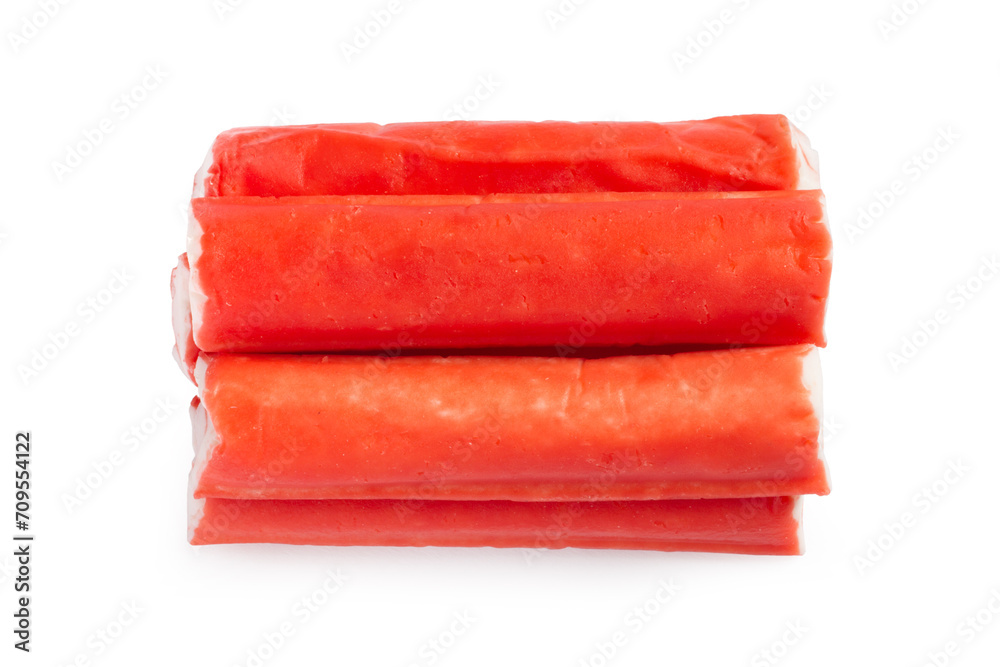 Crab sticks isolated on white background. Close-up of crab sticks. Crab sticks isolated on white background. Close-up of crab sticks.