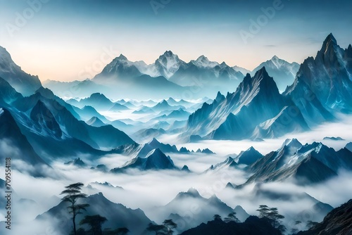 Surreal Himalaya Mountains immersed in swirling mist  with mystical shapes and contours of the peaks emerging through the haze  the environment transformed into an otherworldly dreamscape