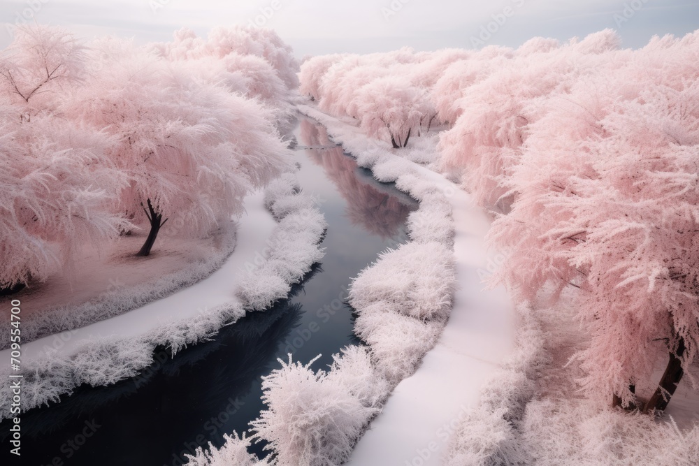 Enchanting Winter Wonderland with Snow-Dusted Pink Trees Enchanting Winter Wonderland with Snow-Dusted Pink Trees