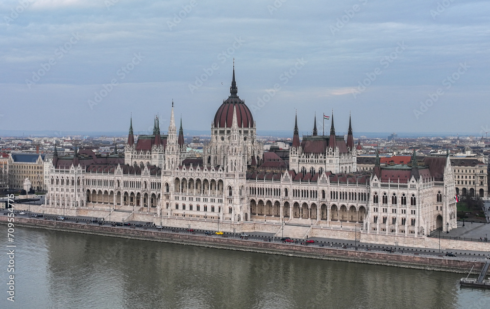 Budapest Famous Landmark Aerial View of Hungarian Parliament Building and Danube River in Cityscape from a Drone Point of View