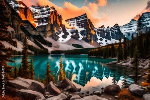 Moraine Lake at sunrise  transformed into a fantastical realm with mystical creatures and ethereal lights dancing on the water s surface  the mountains adorned with magical elements