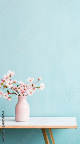 Cherry blossom in vase on table and blue wall background.