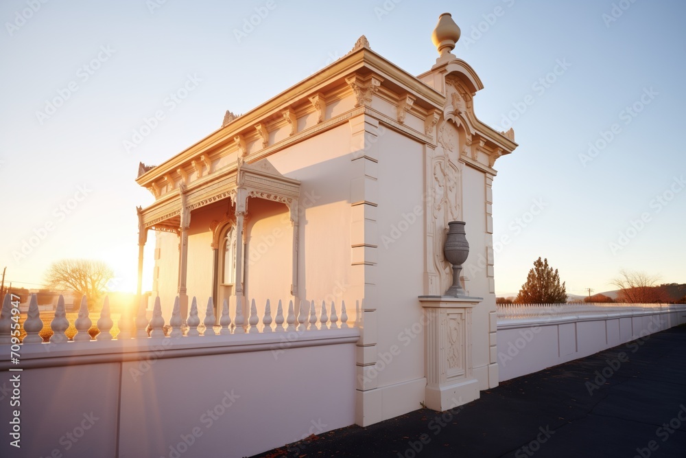 italianate belvedere shadow cast upon the side of the residence during sunrise - obrazy, fototapety, plakaty 