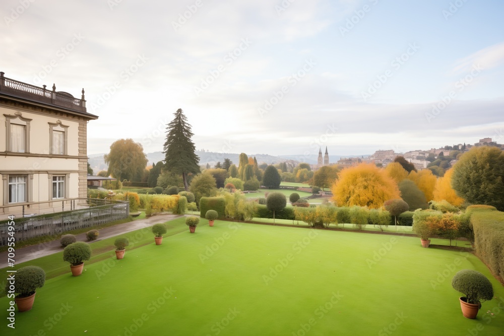 landscape view of an italianate villas belvedere overlooking a manicured garden - obrazy, fototapety, plakaty 