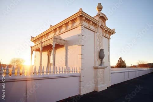 italianate belvedere shadow cast upon the side of the residence during sunrise photo