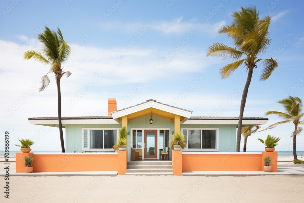 beachfront property with clay tiles and palm trees