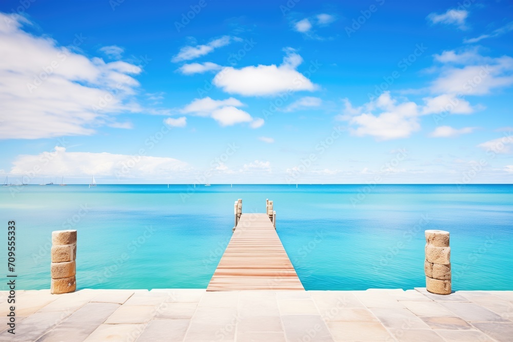 stone pier extending into serene blue waters