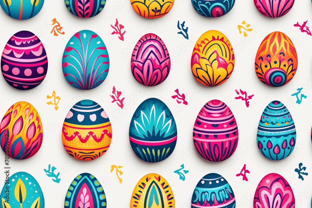 A Cheerful Collection of Hand-Drawn Multicolored Easter Eggs Creating a Festive and Artistic Display on a Clean White Background - A Top-View Composition for a Playful Easter Atmosphere. Pattern