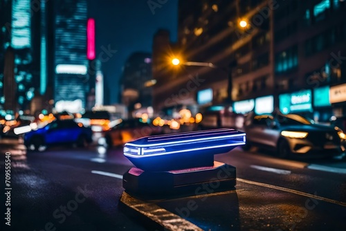 A modern urban scene with a futuristic magic lamp in a bustling metropolis, neon lights reflecting off its sleek surface, skyscrapers in the background, giving a cyberpunk vibe © malik