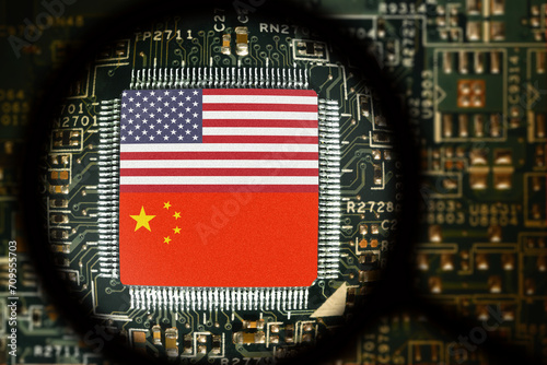 Photography Flags of USA and China on a processor