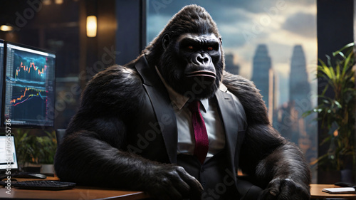 gorilla wearing suits in an office buying stocks seated in front of a commanding monitor