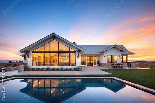 modern ranch with windows reflecting sunset skies