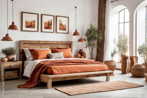 Rustic wooden bed with terracotta pillows and two bedside cabinets against white wall with three posters frames. Farmhouse interior design of modern bedroom.