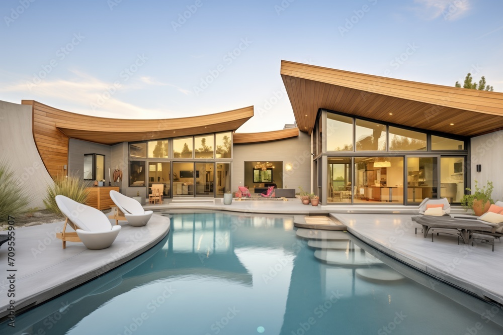 luxurious home with an irregular pool design and surrounding loungers