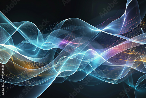 Abstract neon wallpaper with flowing dynamic wavy lines and dots over dark black background. Light drawing trajectory. Fluorescent texture ribbon