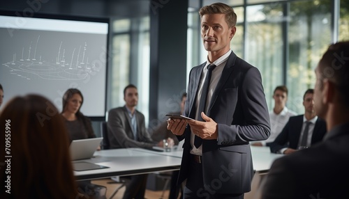 a confident young adult businessman doing business presentation