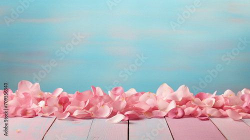 Pink rose petals on wooden planks over blue background with copy space.