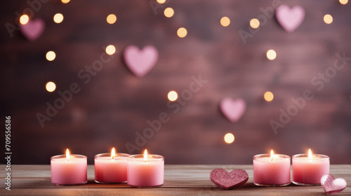 Burning candles with hearts on wooden table against bokeh background.