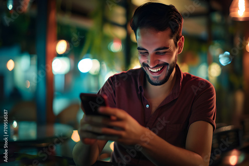 Lächelnder Jugendlicher: Glücklicher Blick in die digitale Welt seines Smartphones