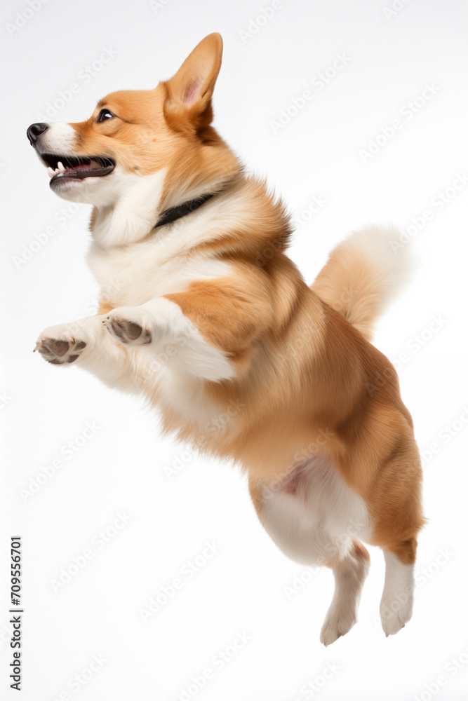 corgi dog jumping on white background