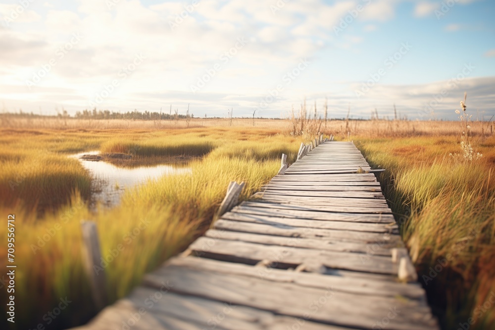 old wooden plank boardwalk in a marshland