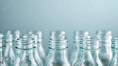 photo close view on clear unlabeled empty glass bottles for cold beverages and drinks 