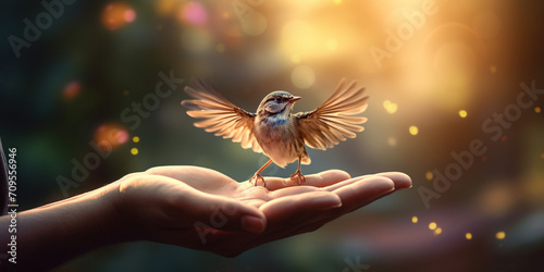 A closeup shot of an ornithologist's hand releasing a rehabilitated bird back into the wild, Girl holding a dove in her hands against the background of the setting sun.  photo
