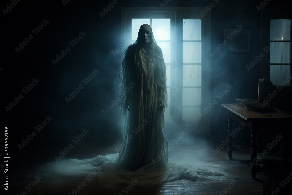 Culture and religion, states of mind, sci-fi and horror concept. Specter, reaper or ghost silhouette. Scary and terrifying apparition of paranormal ghost at night Culture and religion, states of mind, sci-fi and horror concept. Specter, reaper or ghost silhouette. Scary and terrifying apparition of paranormal ghost at night