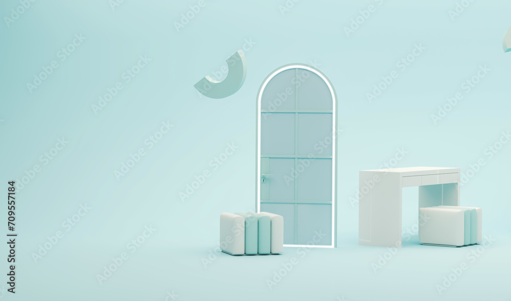 Flying abstract geometric shapes with arch door, art table and chair, gift box. Pastel blue and white colors scene. Trendy 3d render for social media. 