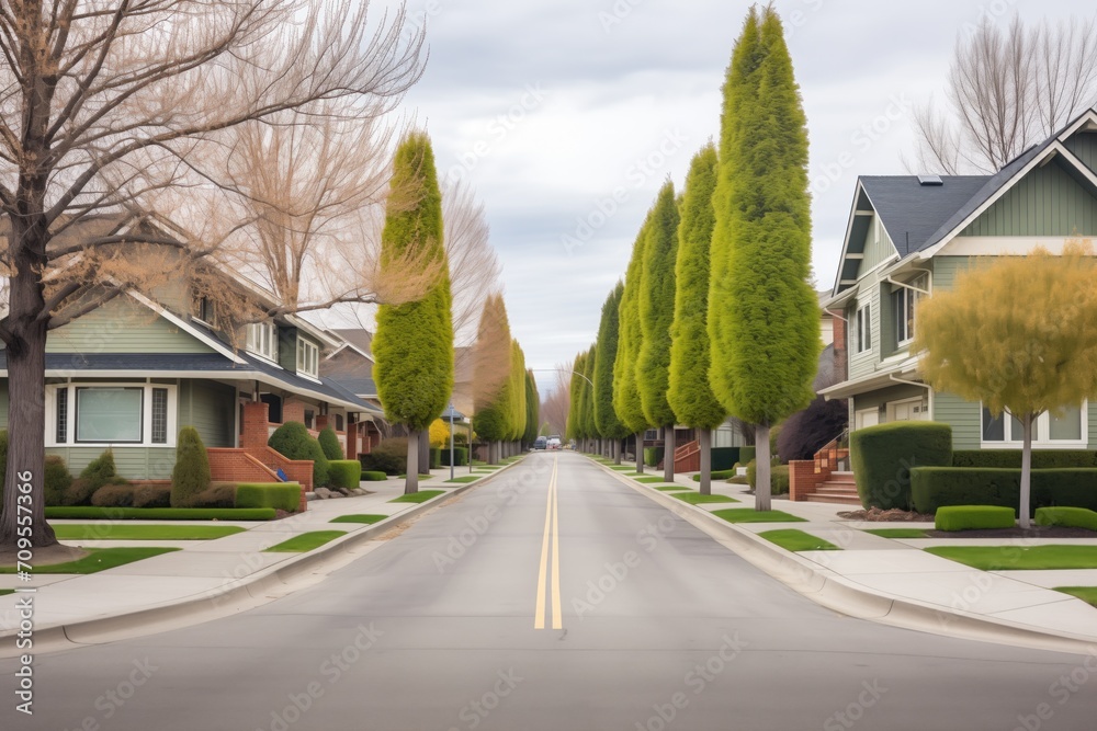 neatly trimmed trees lining a residential street