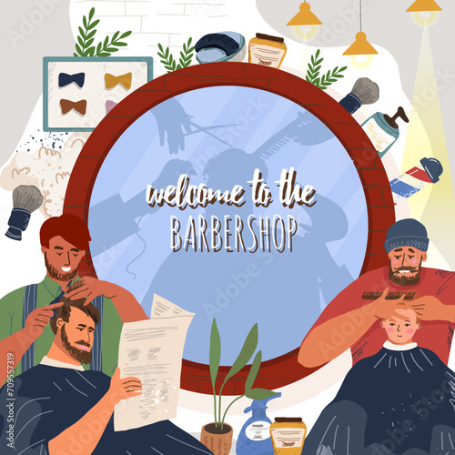 Vector flat background illustration depicting barbershop atmosphere, barber supplies, customer and barber in the process of haircut and beard grooming, socializing, relaxing, reading newspaper.