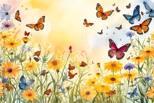 A summer meadow adorned with fluttering butterflies, showcasing a variety of vibrant flowers in full bloom, bathed in the warm glow of the sun. The butterflies dance in the air