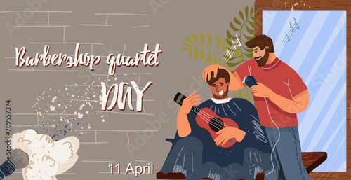  Invitation ticket for Barbershop Quartet Day, April 11, characters of people, men, with guitar, ukulele, in a barbershop against a mirror, in the professional amosphere of a barbershop. 