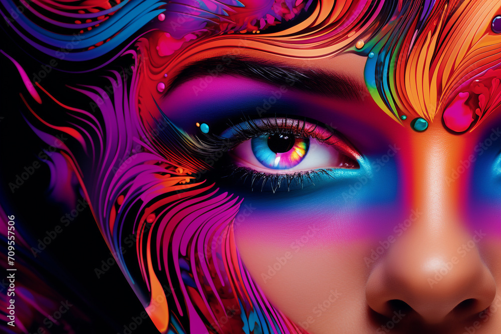 Beauty, fashion, style and fine-art concept. Abstract and surreal close-up beautiful young woman with colorful make-up. Model face dyed with vivid colors