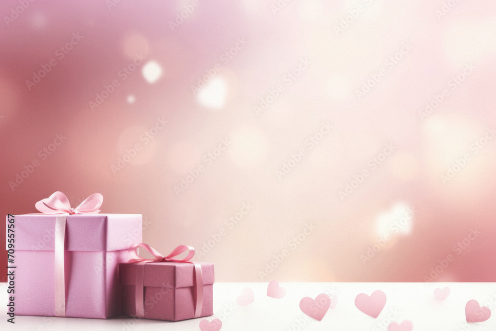 Gift box with pink bow on bokeh background. Valentines day concept.