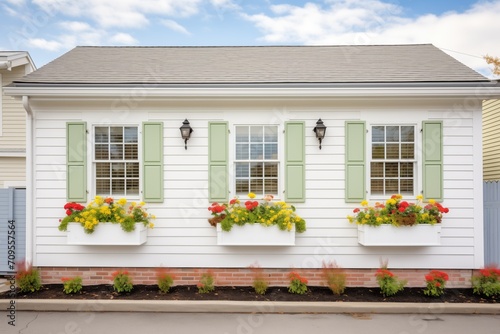 white saltbox, floral window boxes, green shutters © Natalia