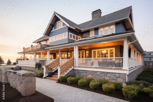 shingle style homes facade with cedar shakes and seafacing balcony