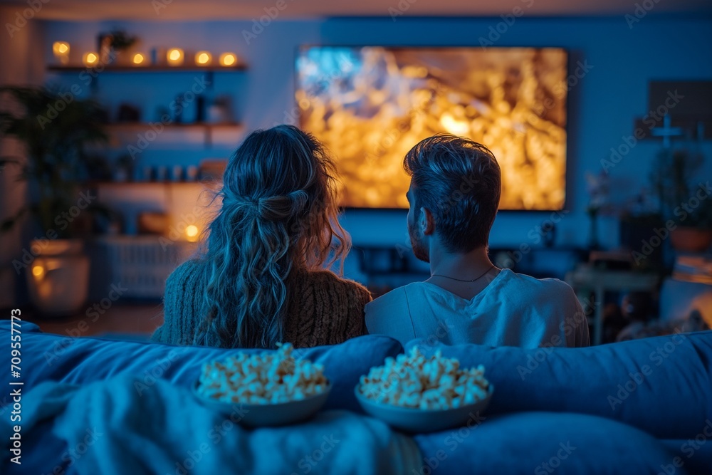 man and woman watching TV, sitting on sofa in blue living room, eating popcorn