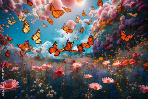 A fantastical summer meadow where butterflies take on ethereal, otherworldly forms, hovering over a landscape filled with surreal, oversized flowers