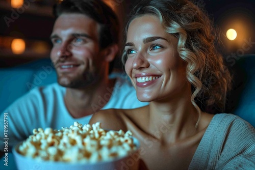 man and woman watching TV  sitting on sofa in blue living room  eating popcorn