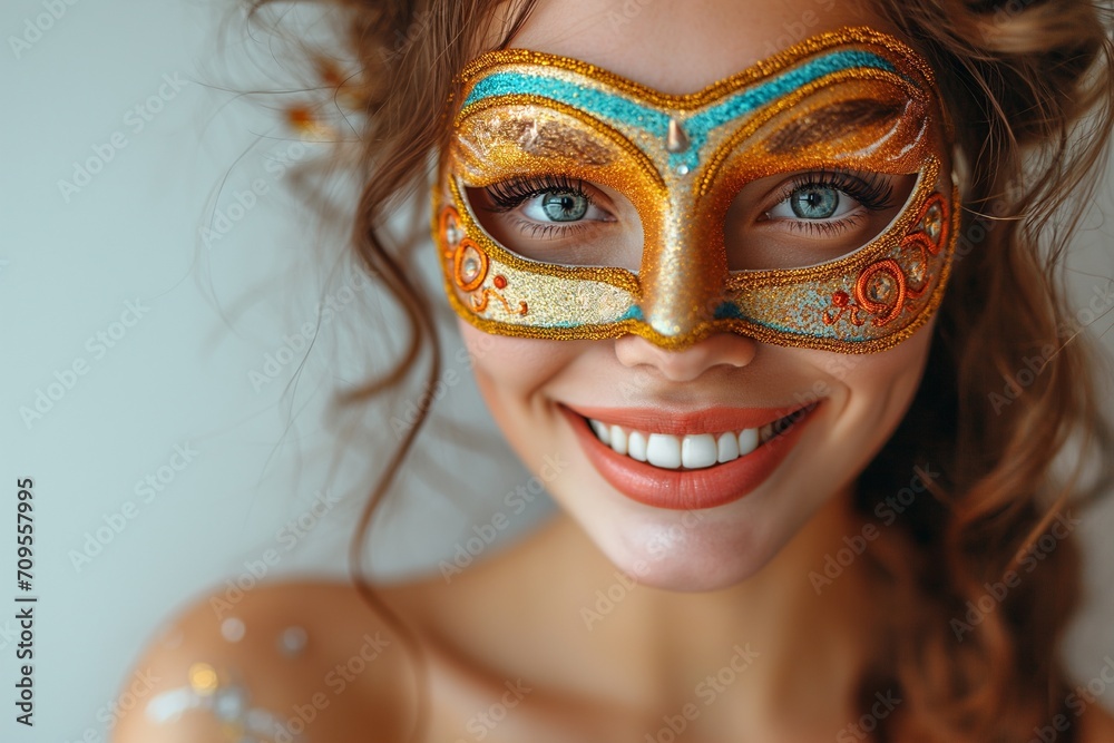 portrait of happy smiling woman in bright carnival Venetian Mask on white background portrait of happy smiling woman in bright carnival Venetian Mask on white background