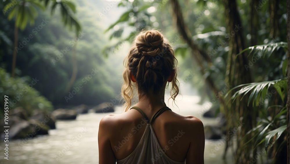Fototapeta premium Rear view of woman in tropical rainforest with river
