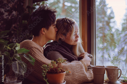young loving couple cosy at home cabin in the woods winter forest views