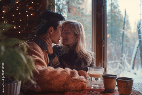 young loving couple cosy at home cabin in the woods winter forest views