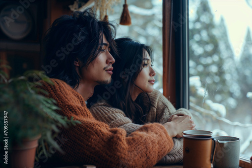 young loving couple cosy at home cabin in the woods winter forest views