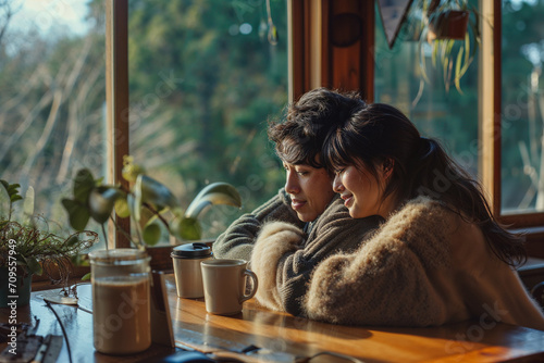 young loving couple cosy at home cabin in the woods winter forest views